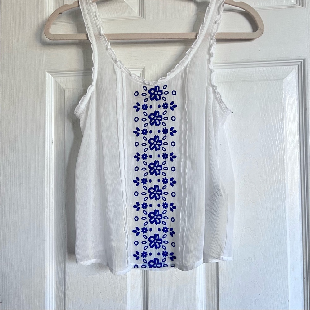 Hollister Vintage White and Blue Floral Embroidered Women Chiffon Cami top